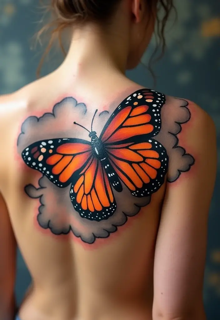 30 Monarch Butterfly Tattoo Designs with Deep Symbolism - 24. Monarch Butterfly with Clouds
