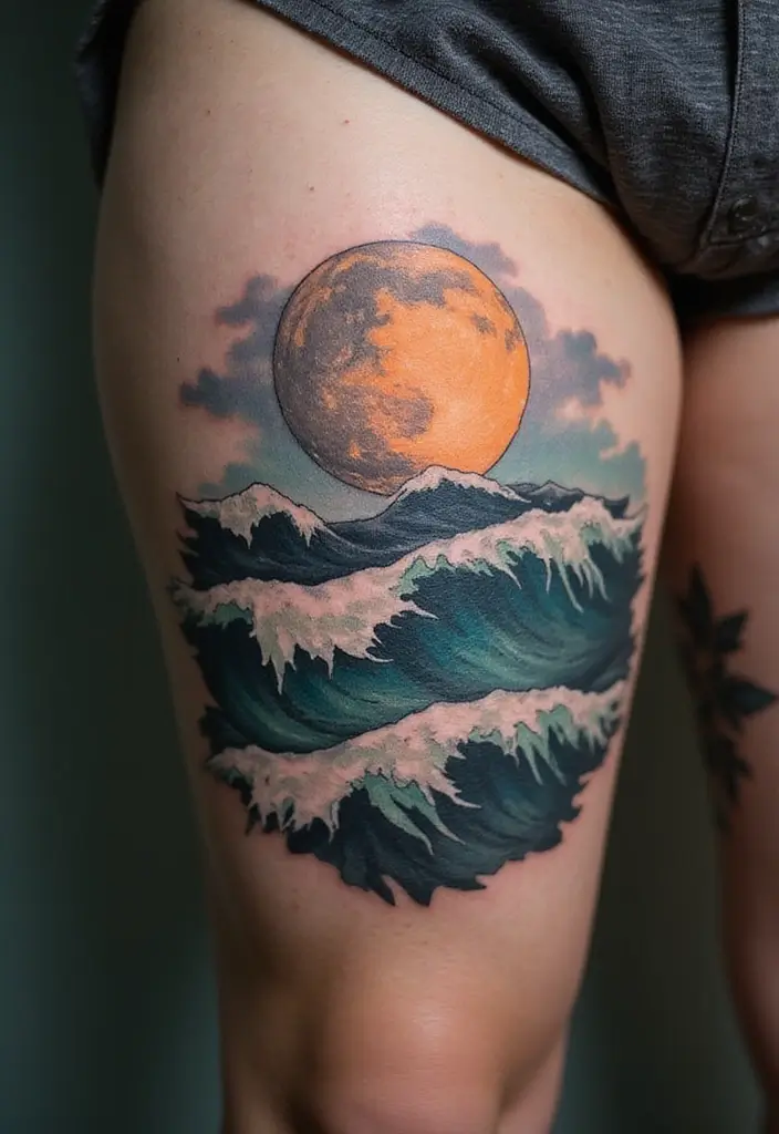 30 Moon Tattoos for Men That Radiate Power and Mystery - 24. Moon and Ocean Waves