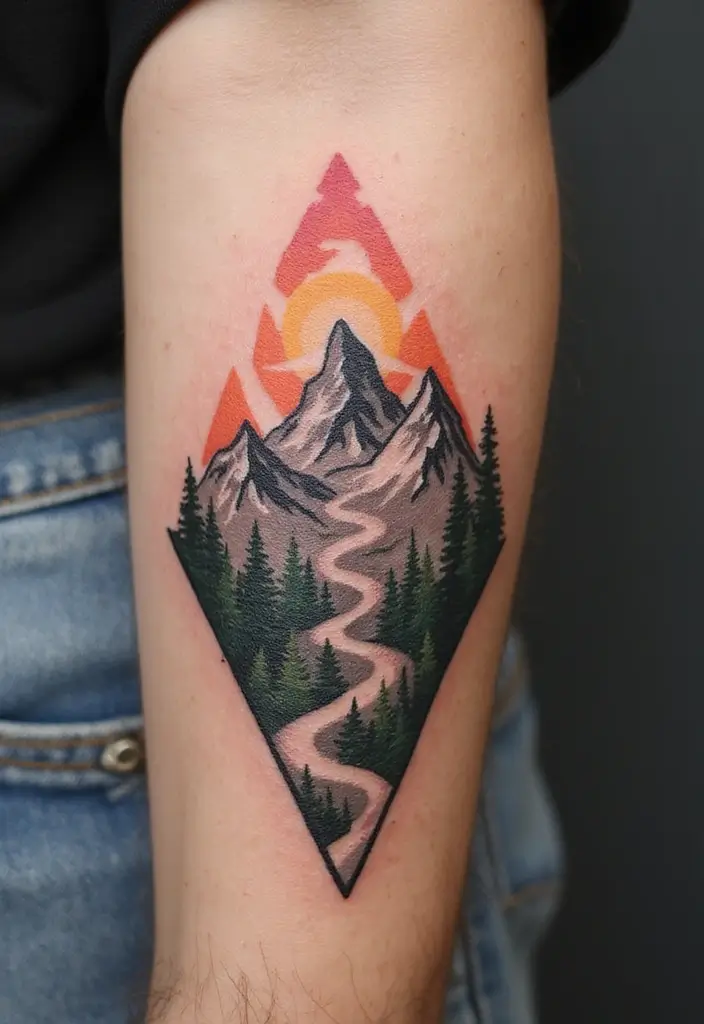 30 Mountain Tattoos for Men That Capture Adventure Spirit - 24. Mountain Tattoos with Trails