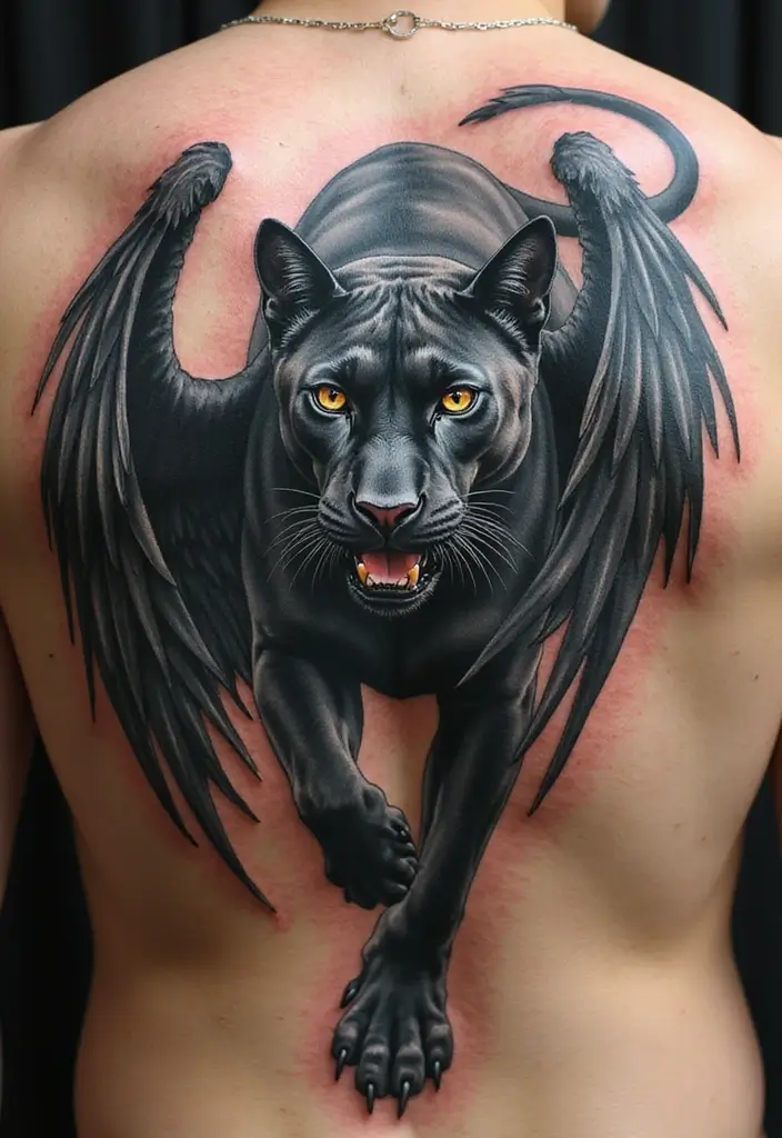 30 Panther Tattoo Designs That Represent Power and Mystery - 24. Panthaire and Wings