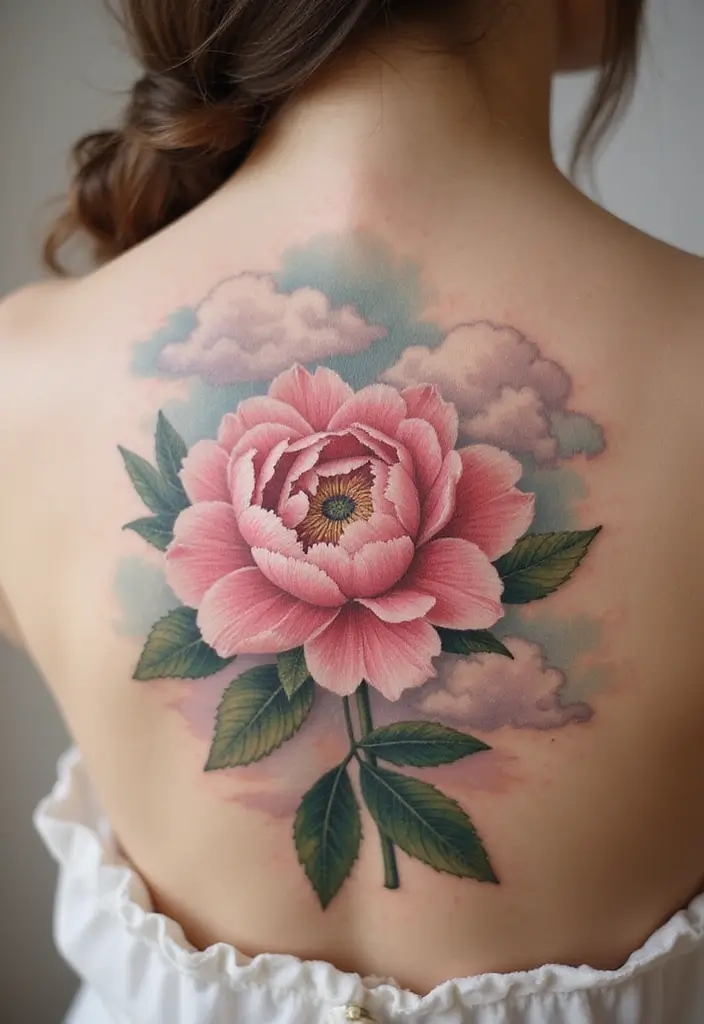 30 Peony Tattoo Ideas with Meaning and Elegance - 24. Peony and Clouds