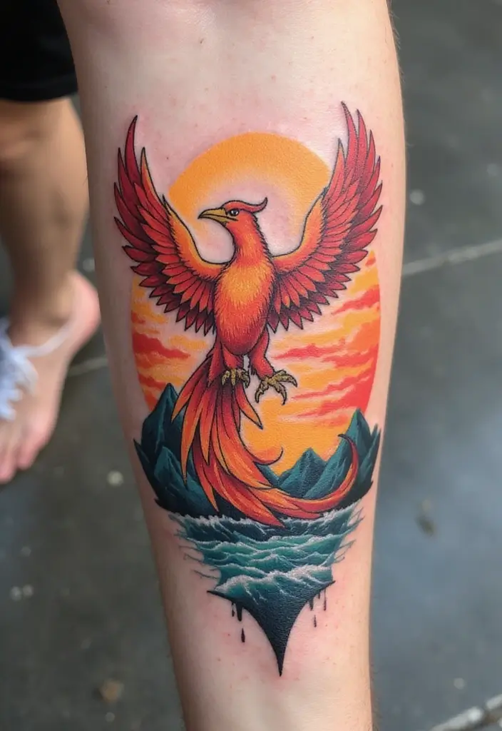 30 Phoenix Reborn Tattoo Designs with Deep Meanings - 24. Phoenix on the Horizon