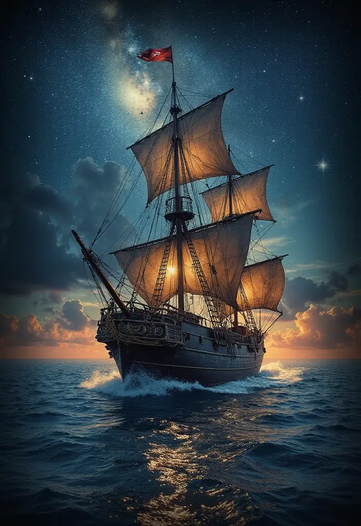30 Pirate Ship Tattoo Designs for Ocean Lovers - 24. Pirate Ship Under Starry Sky