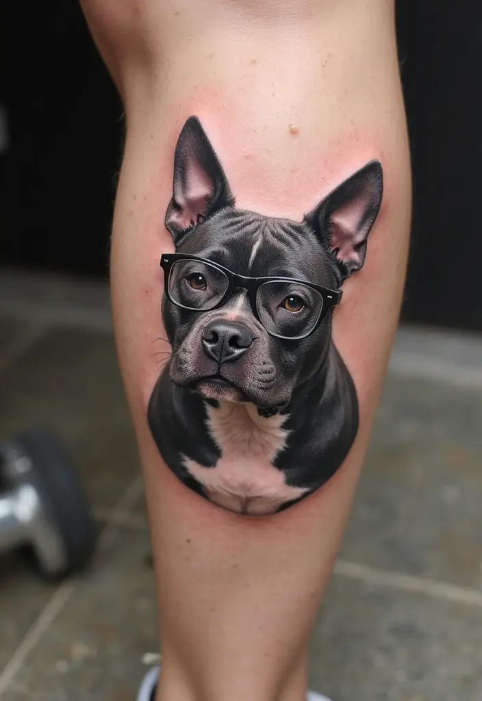 30 Pitbull Tattoo Designs Celebrating Strength and Loyalty - 24. Pitbull with Glasses