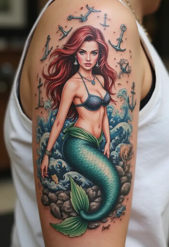 30 Realism Mermaid Tattoo Inspirations That Look Breathtaking - 24. Tattoo with Ocean Symbols