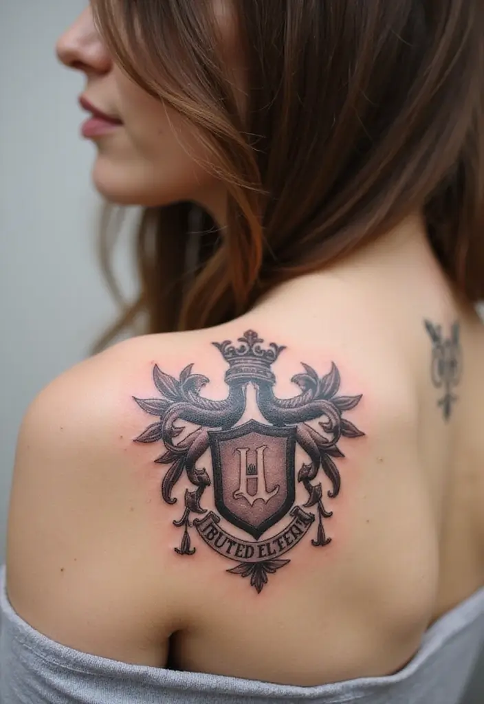 30 Shoulder and Back Tattoos for Women That Look Stunning - 24. Personalized Crests