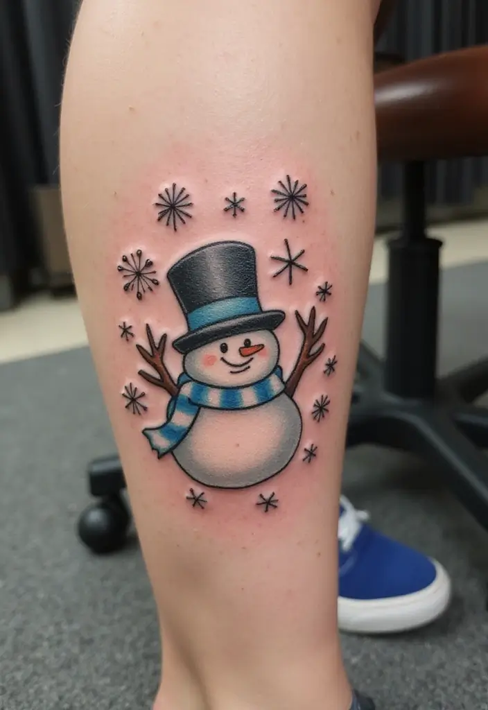 30 Snowflake Tattoo Ideas with Delicate and Unique Patterns - 24. Tattooed Snowman and Snowflake