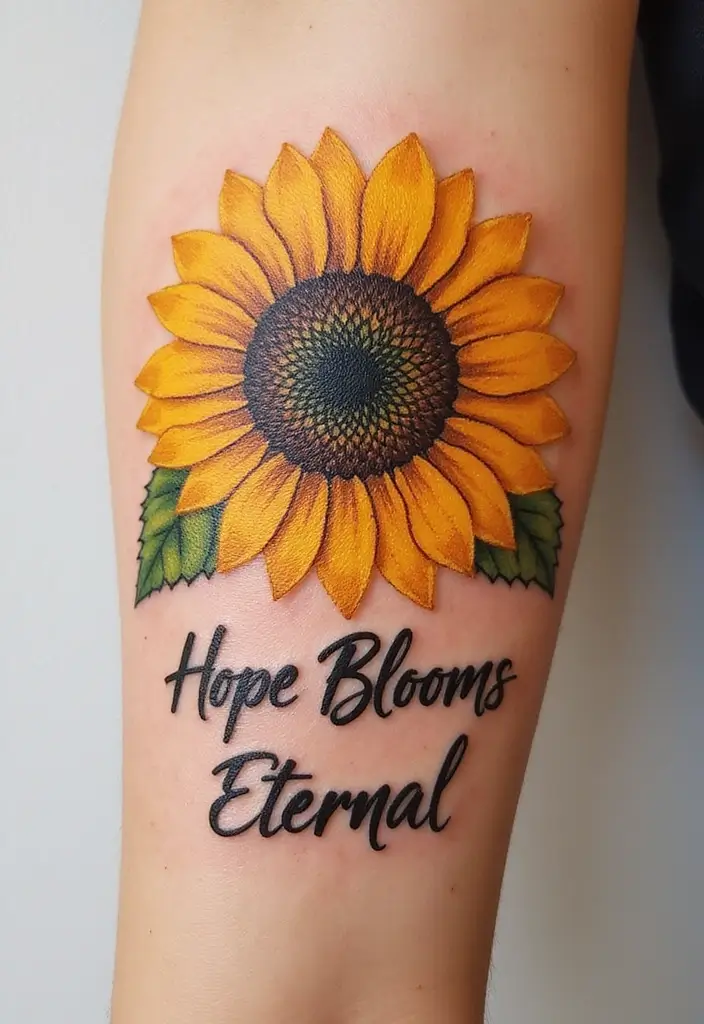 30 Sunflower and Quote Tattoo Ideas Full of Positivity - 24. Sunflower with 'Hope Blooms Eternal'