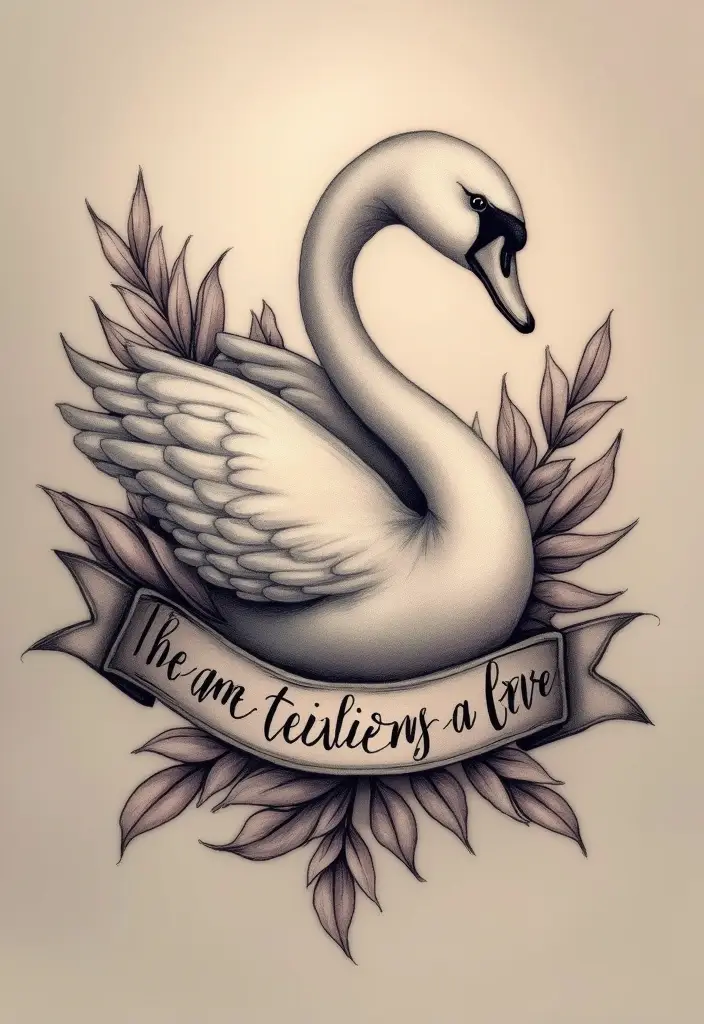 30 Graceful Swan Tattoo Ideas for a Timeless Look - 24. Swans with a Quote Ribbon