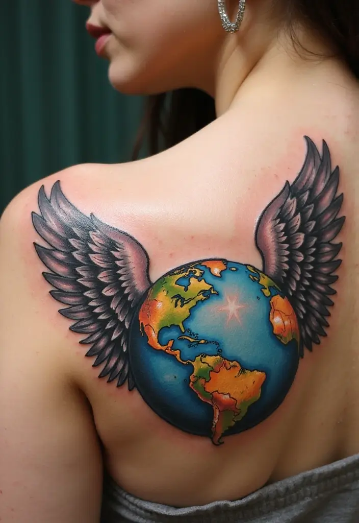 30 Shoulder Wing Tattoo Ideas with Angelic Inspiration - 24. Wings with a Globe