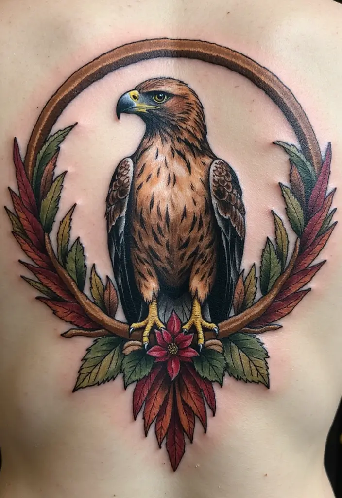 30 Hawk Tattoo Designs That Represent Vision and Strength - 24. Hawk with Circle of Life