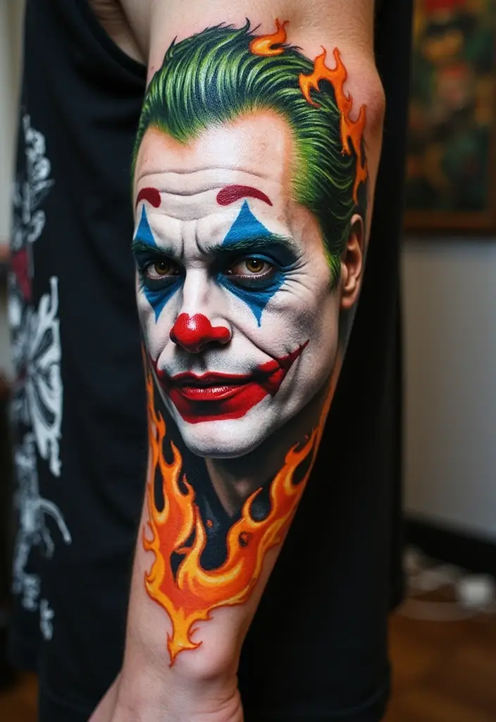 30 The Joker Tattoo Meaning and Unique Designs - 24. The Joker with Fire