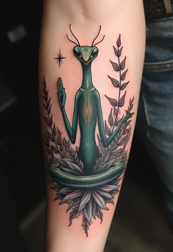 30 Traditional Praying Mantis Tattoo Ideas You’ll Love - 24. Mantis in Zen Style