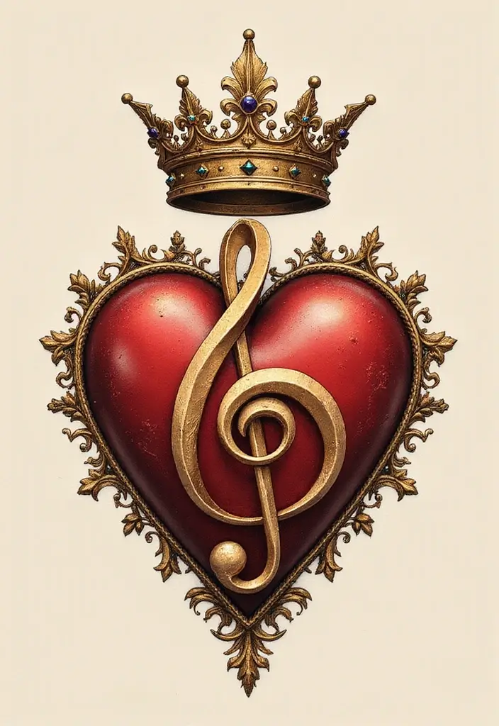 30 Treble Clef and Bass Clef Heart Tattoo Ideas for Music Lovers - 25. Clef Heart with a Crown