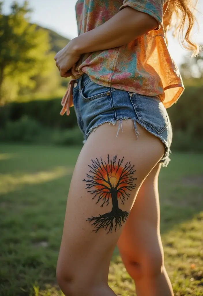 30 Tree Leg Tattoo Designs for Nature-Inspired Ink - 24. Tree with Sunburst
