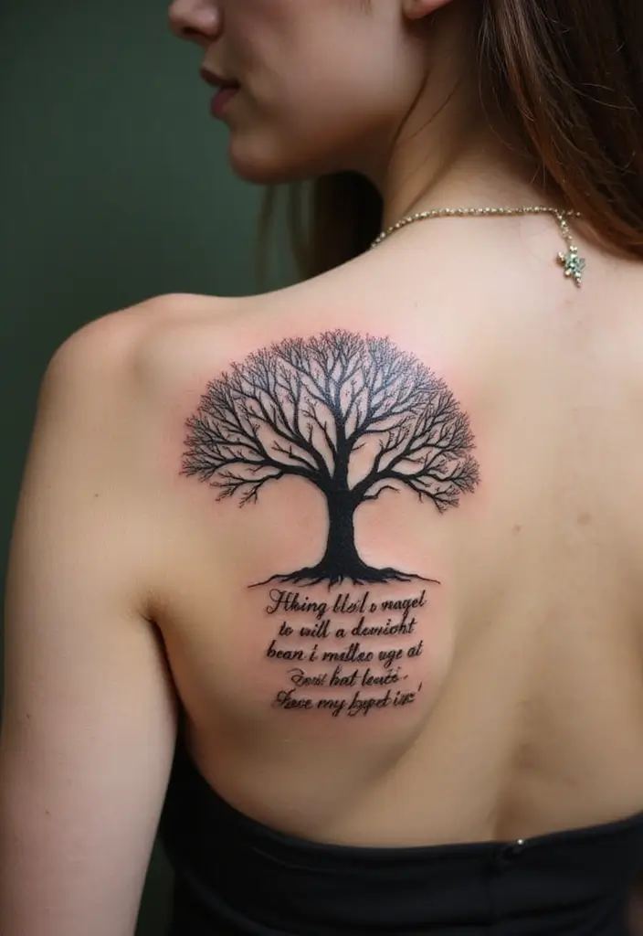 30 Tree on Shoulder Tattoo Ideas That Look Stunning - 24. Inspirational Quote and Tree