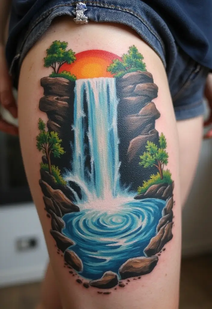30 Waterfall Tattoos That Flow with Beauty - 24. Dynamic Waterfalls