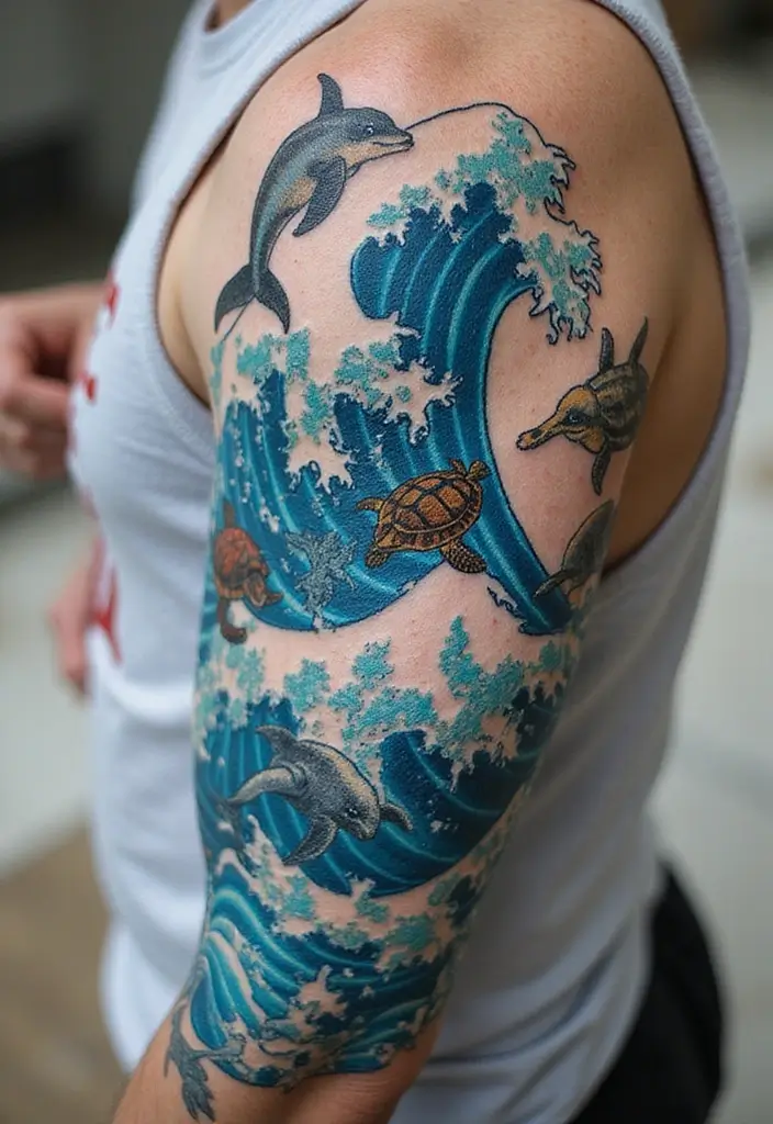 30 Wave Tattoo Sleeve Ideas That Make a Bold Statement - 24. Ocean Life Wave Tattoos