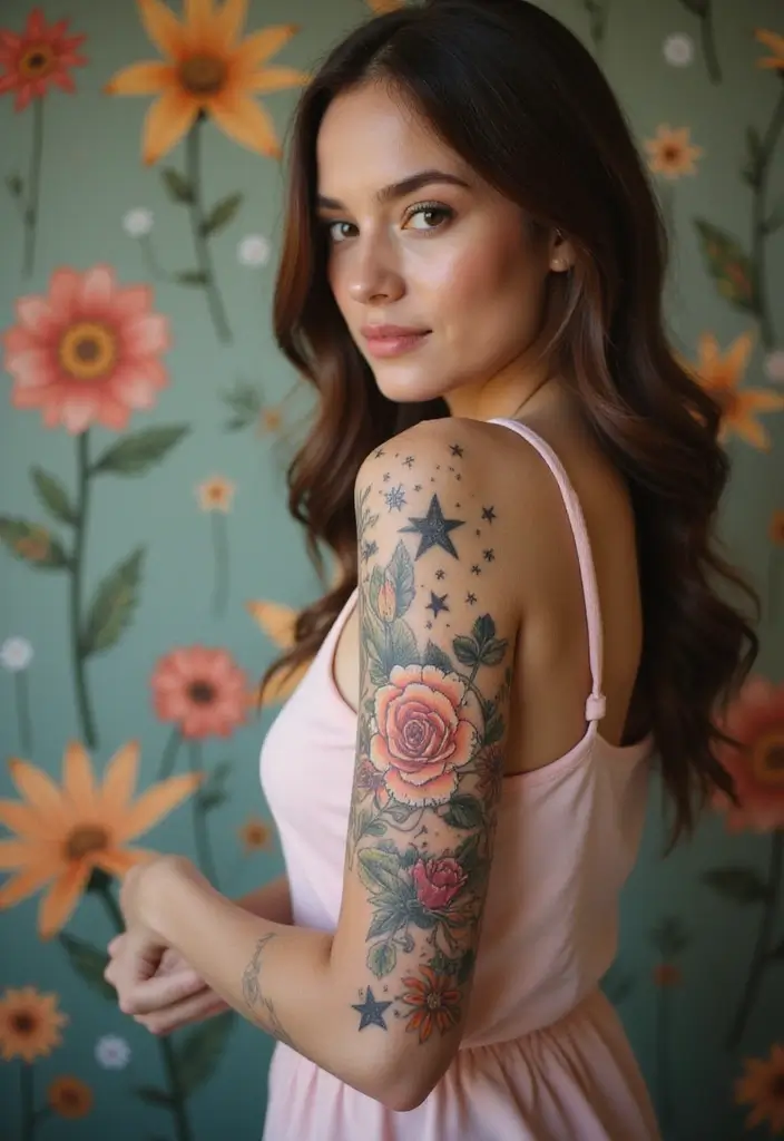 30 Women’s Feminine Arm Tattoos That Look Stylish - 24. Floral and Star Combinations