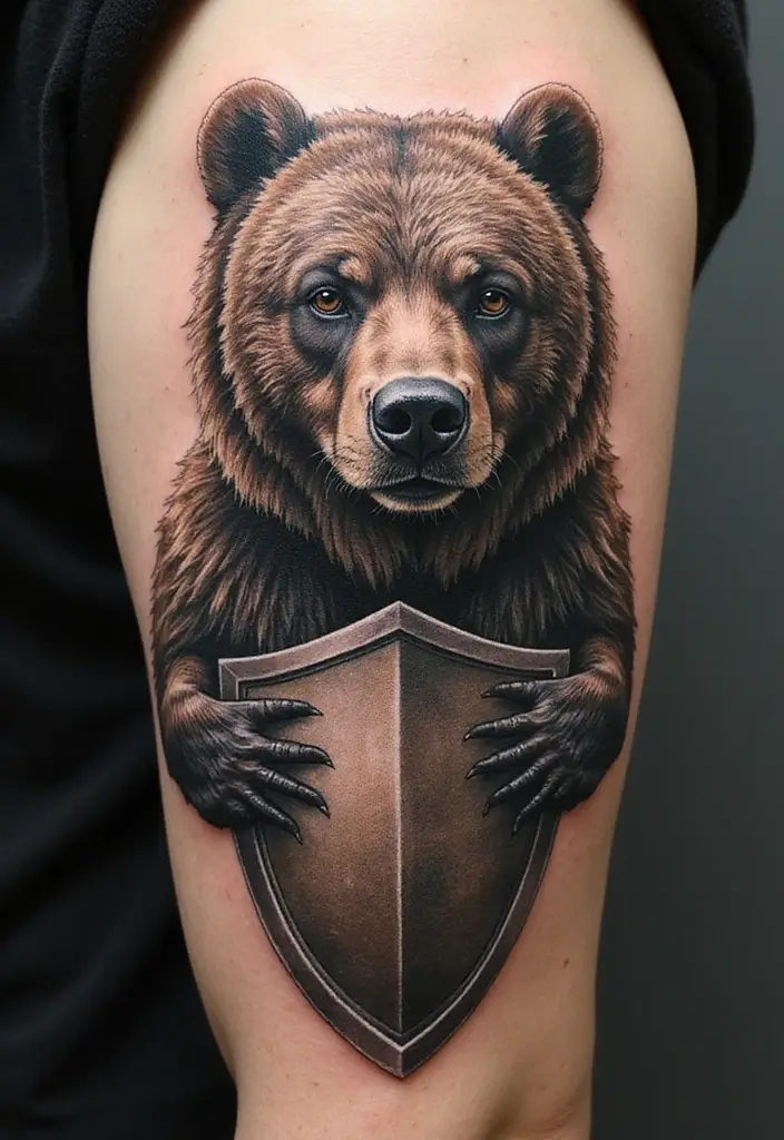 30 Bear Shoulder Tattoo Inspirations with Power and Strength - 25. Bear with a Shield