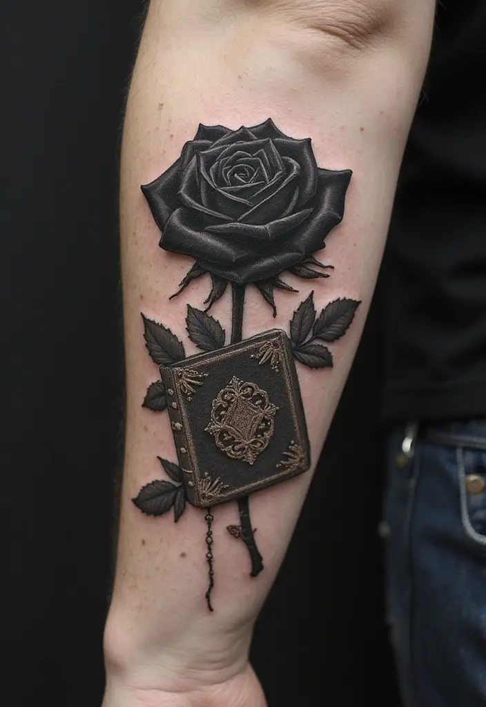 30 Black Rose Tattoo Meaning and Design Inspirations - 25. Black Rose with a Spellbook