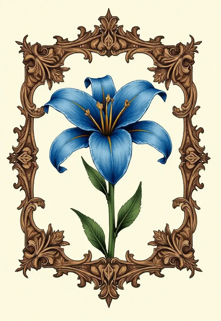 30 Blue Lily Tattoo Designs That Look Elegant - 25. Blue Lily with Decorative Borders
