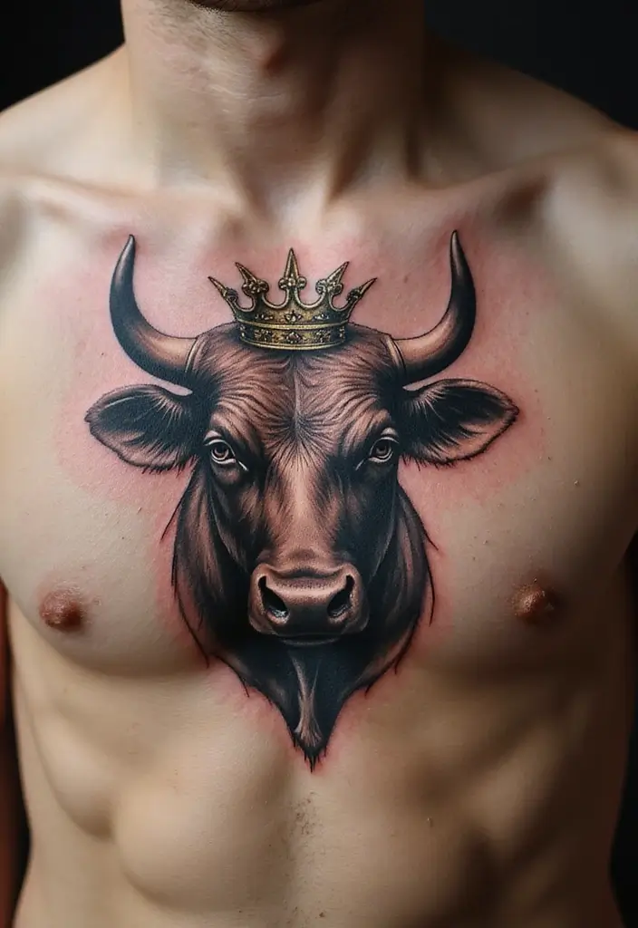 30 Bull Tattoo Chest Ideas Full of Strength - 25. Bull with a Crown
