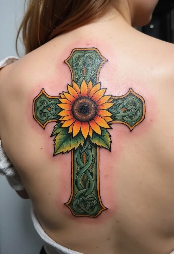 30 Celtic Cross Tattoos with Deep Spiritual Significance - 25. Celtic Cross with a Sunflower