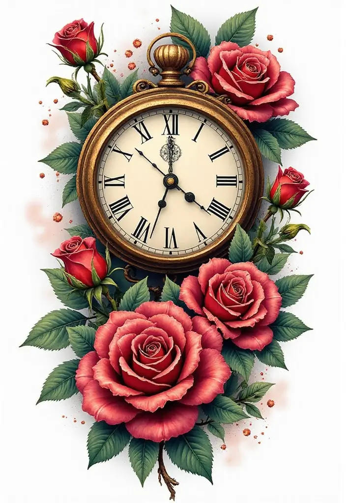 30 Clock and Rose Tattoos That Symbolize Time and Love - 25. The Perfect Combination of Colors