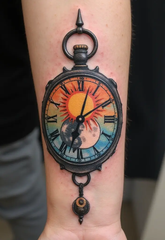 30 Clock Tattoo on Hand Ideas That Stand the Test of Time - 25. Clock with a Sun and Moon