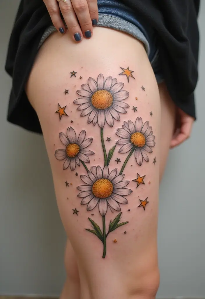 30 Colorful Daisy Tattoo Inspirations Full of Joy - 25. Daisies with Stars