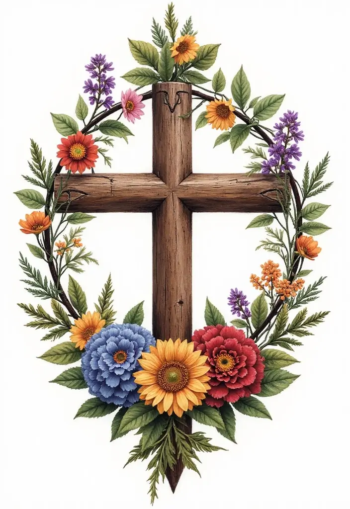 30 Cross with Flowers Tattoo Ideas That Blend Faith and Beauty - 25. Cross with Floral Wreath