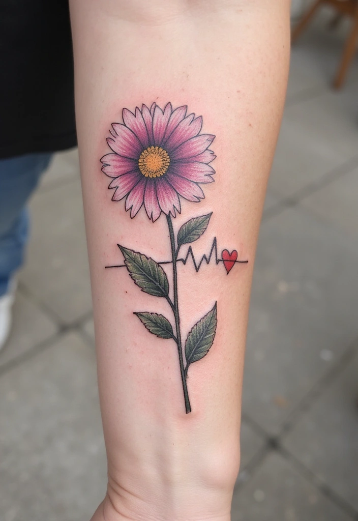 30 Daisy April Birth Flower Tattoo Designs You’ll Love - 25. Daisy with a Heartbeat Line