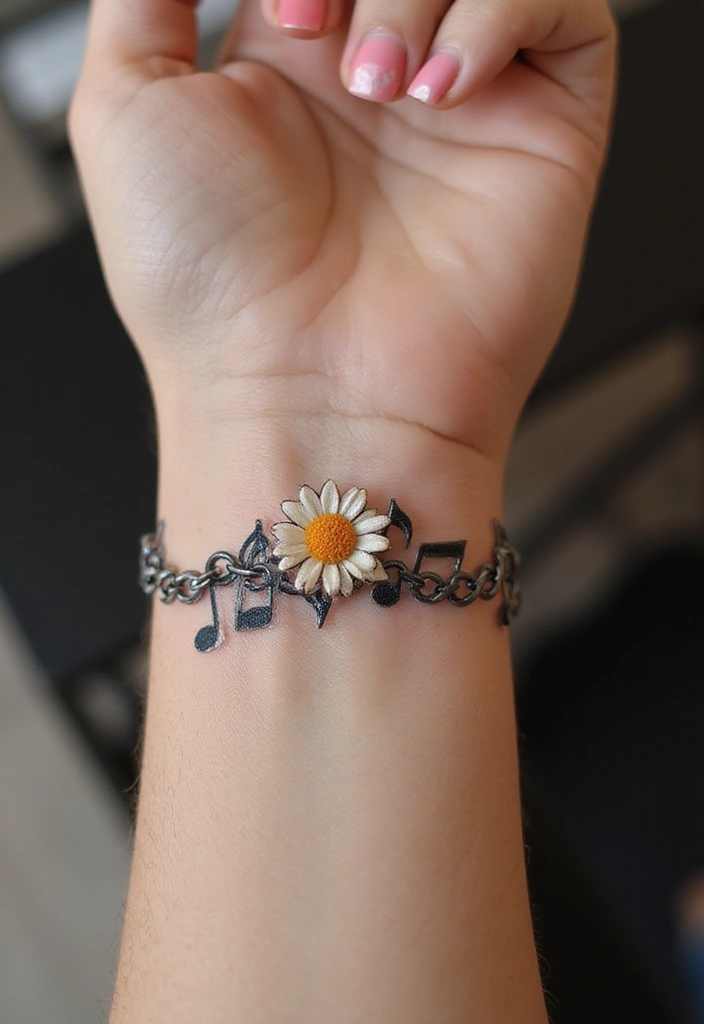 30 Daisy Chain Tattoo Inspirations for a Delicate Look - 25. Daisy Chains with Musical Notes