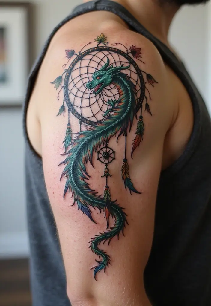 30 Dream Catcher Tattoo Ideas for Men with Protective Energy - 25. Dream Catcher with a Dragon