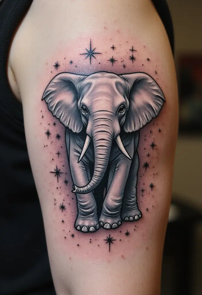 30 Elephant Tattoo Designs That Represent Strength and Wisdom - 25. Elephant with Stars