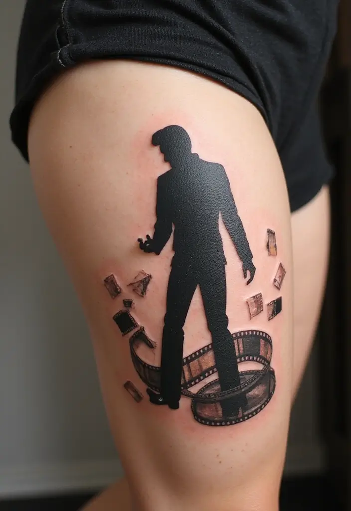 30 Elvis Silhouette Tattoo Ideas for Rock Legends - 25. Elvis with a Film Reel