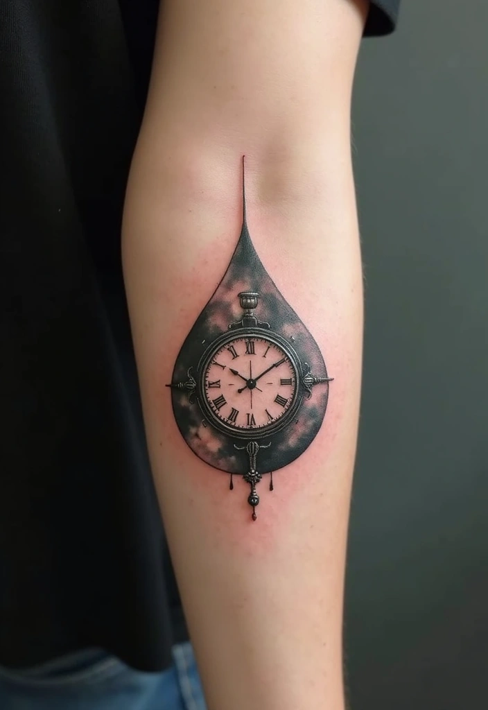 30 Empty Teardrop Tattoo Meaning and Design Ideas - 26. Teardrop with a Clock