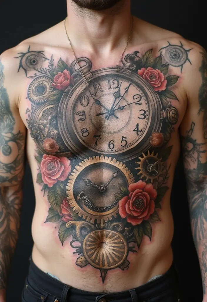 30 Full Chest Tattoos for Men with Powerful Visual Impact - 25. Timepieces