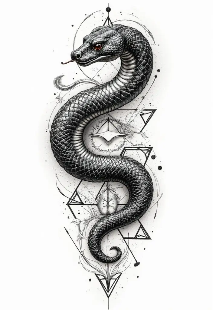 30 Geometric Snake Tattoo Ideas with Unique Patterns - 25. Snake with Geometric Waves