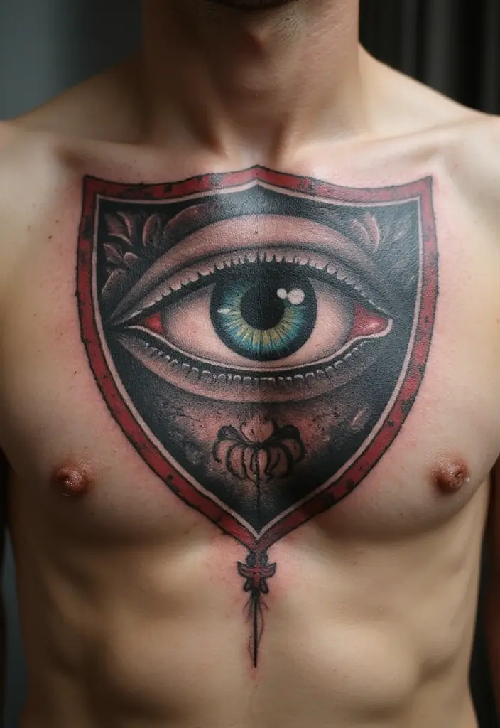 30 Greek Eye Tattoo Meaning and Stunning Design Ideas - 25. Greek Eye within a Shield