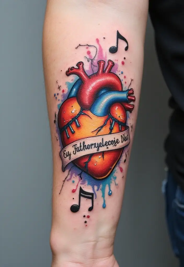 30 Heart Tattoos with Names to Celebrate Love and Bonds - 25. Heart with Music Notes and Name