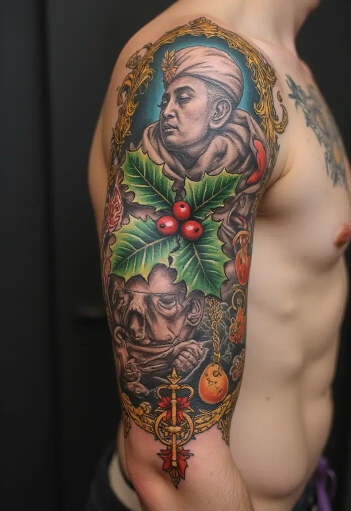 30 Holly Tattoo Meaning and Creative Design Ideas - 25. Holly Tattoo with Cultural Elements