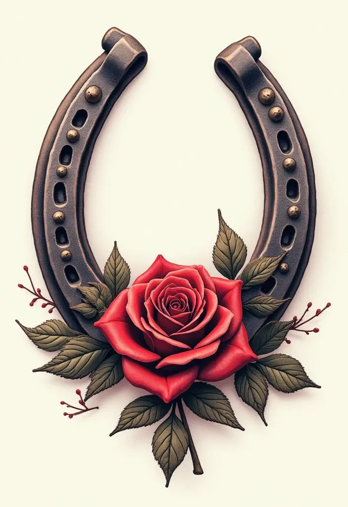 30 Horse and Horseshoe Tattoos for Luck and Freedom - 25. Horseshoe with a Rose