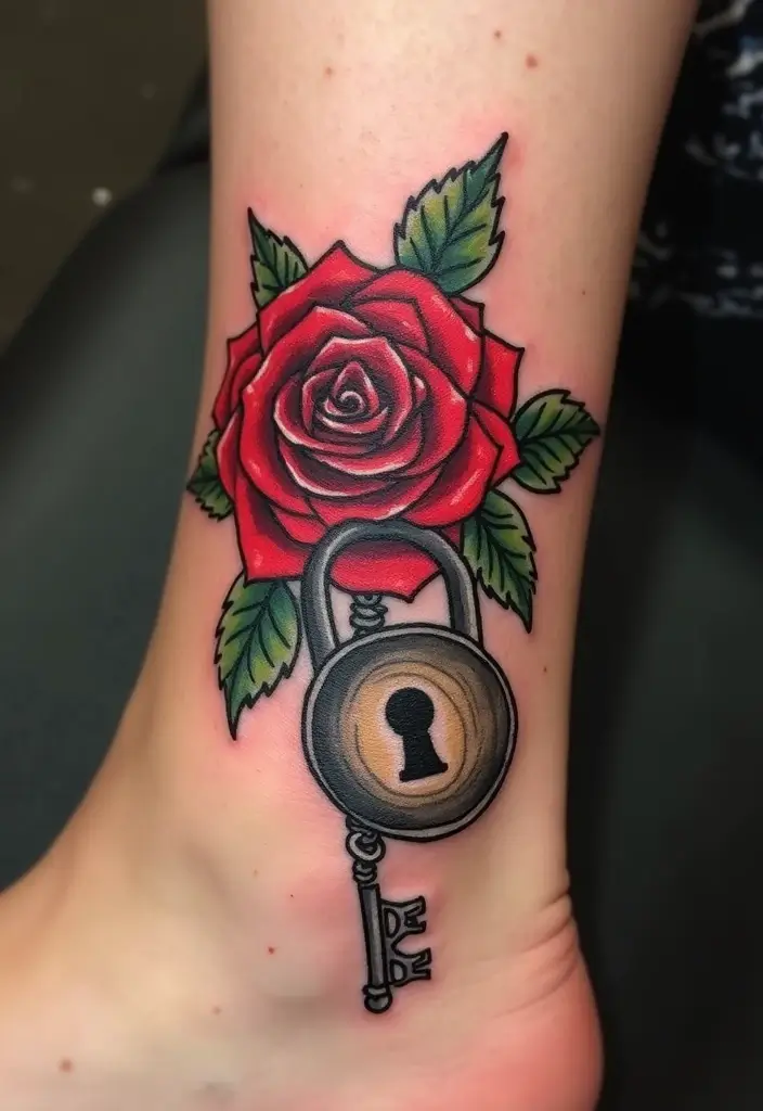 30 Key Lock Tattoo Ideas Symbolizing Love and Mystery - 25. Lock and Key with a Rose