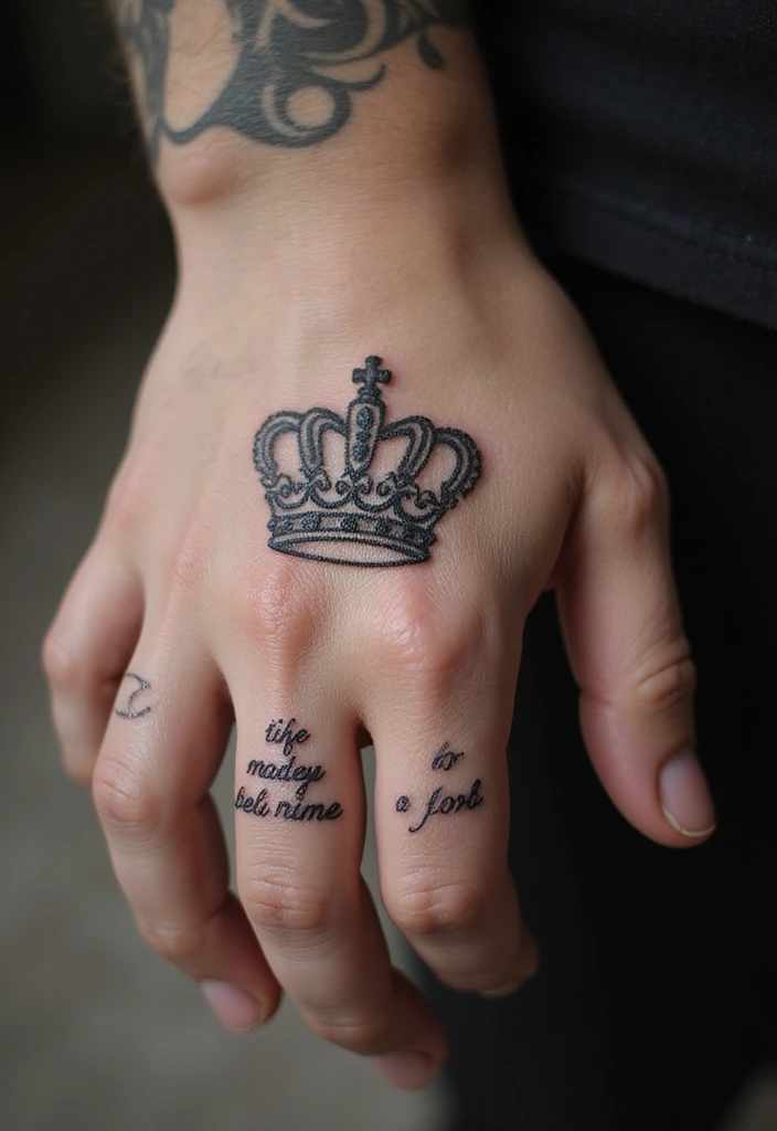30 King and Queen Tattoos Finger Designs for Couples - 25. Crown with Scripted Motto