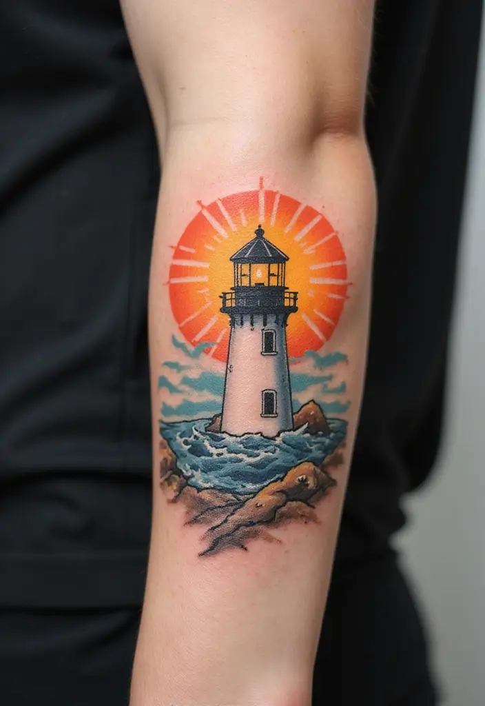 30 Lighthouse Forearm Tattoo Ideas That Guide the Way - 25. Lighthouse with a Sun