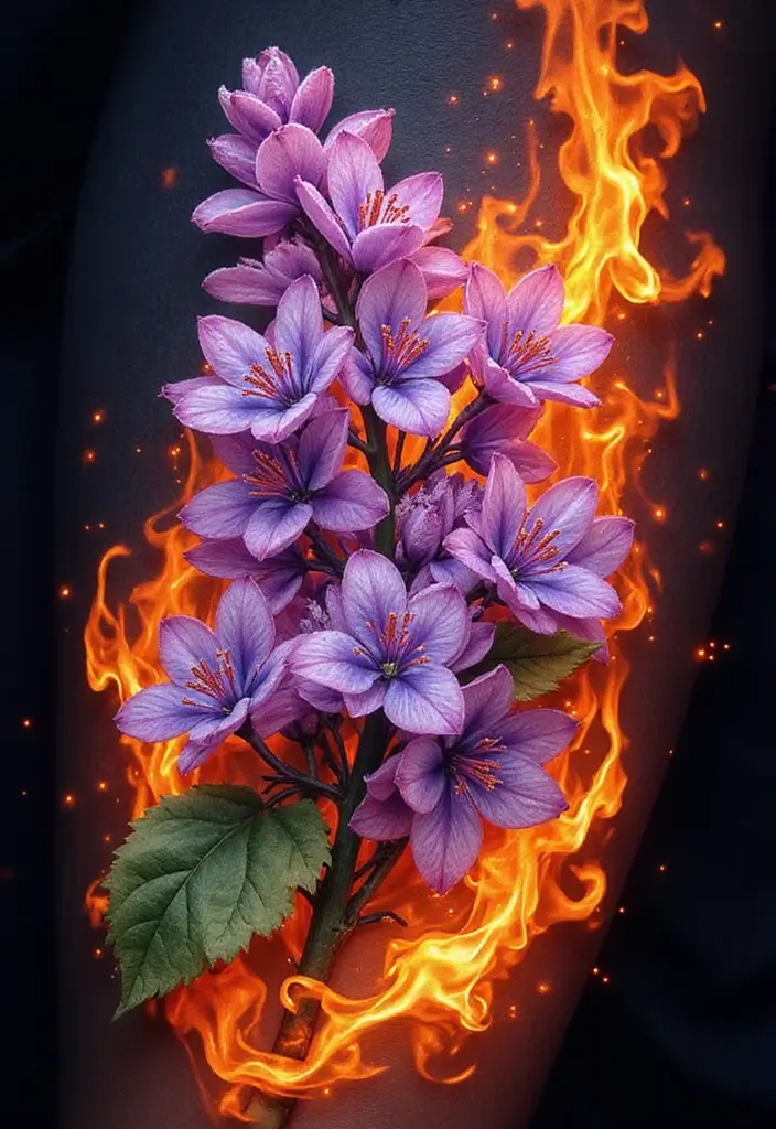 30 Lilac Flower Tattoo Designs with Gentle Symbolism - 25. Lilac and Fire