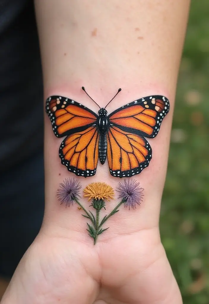 30 Monarch Butterfly Tattoo Designs with Deep Symbolism - 25. Monarch Butterfly and Dandelions