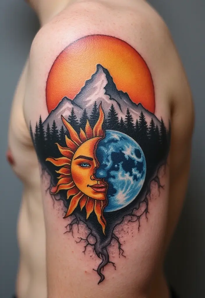 30 Mountain Tattoos for Men That Capture Adventure Spirit - 25. Mountain Tattoos with Sun and Moon